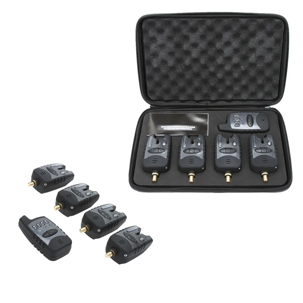 Lixada Wireless Digital Fishing Alarm Set 4 Fishing Bite Alarm + 1 Receiver in Case for Carp Fishing Electric Bite Alarm Tool