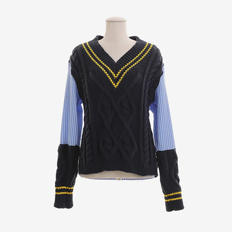 

Patchwork Hit Color Sweater For Women V Neck Long Sleeve Korean Pullovers Female Fashion Autumn Oversized 2019 New