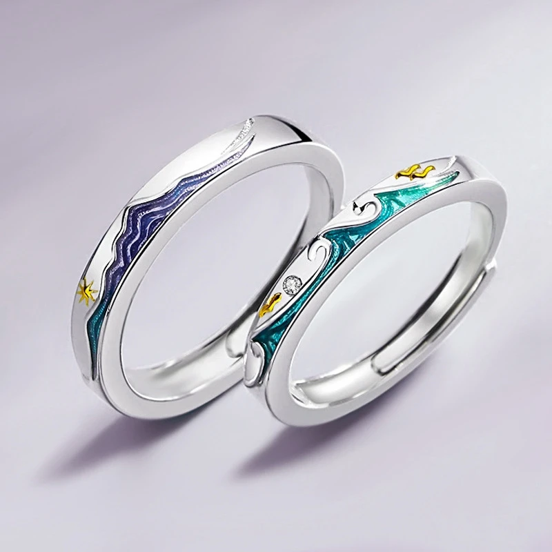 Coppia Alla Moda Placcato Inchiostro Goccia Colla Montagna Mare Personalità Anelli Regolabili Amore Regalo Di Anniversario