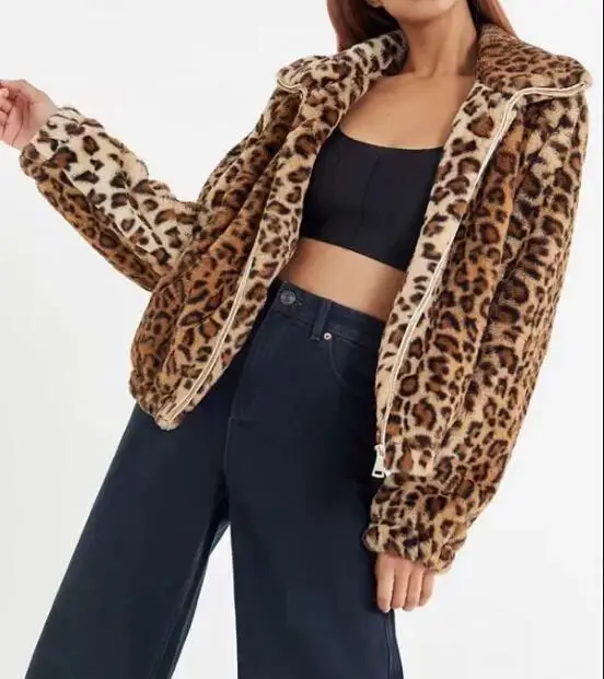 

Europe And America Autumn And Winter New Style Leopord Pattern Printed Fold-down Collar Warm Faux Fur Jacket 9435
