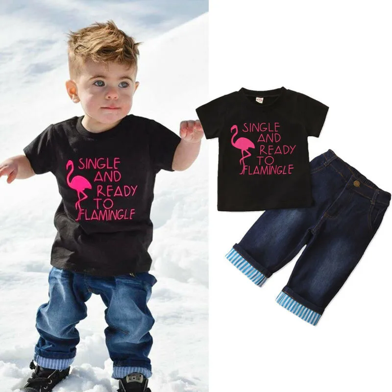 

2-6years Boys Clothes Set 2019 Flamingo Letter Black T-Shirt Boys Tops Blue Long Jeans Toddler Sets Children Outfits Kids Suits