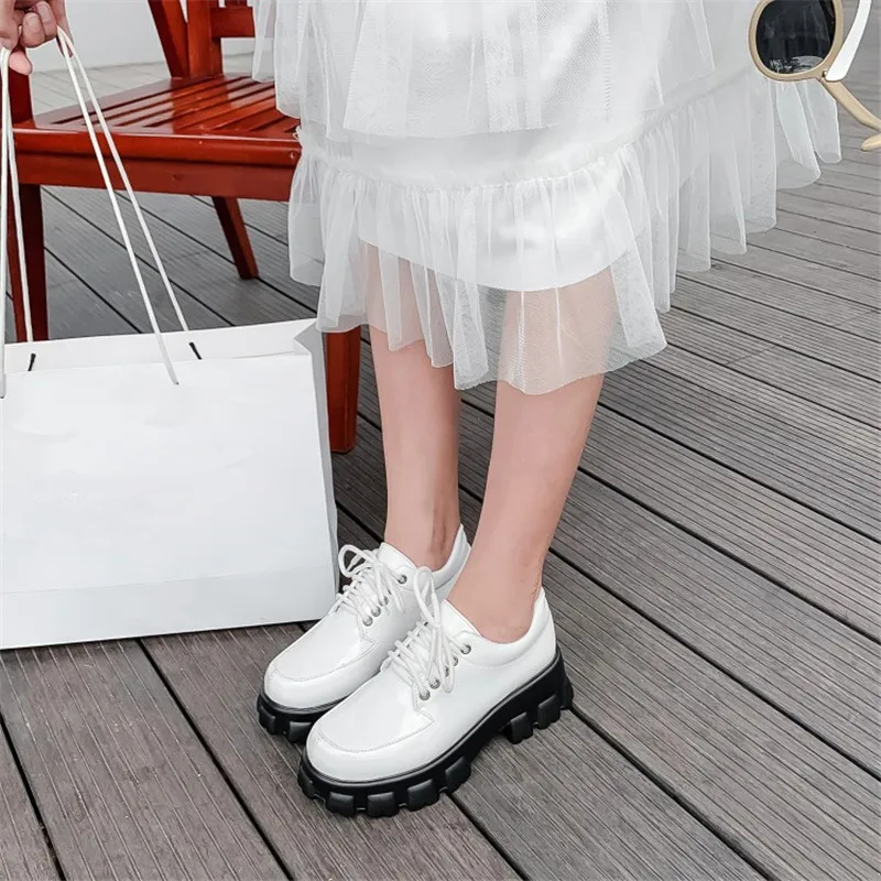 PXELENA NEW Spring Winter Shoes Women Chunky Platform Creppers Punk Gothic Oxfords Black White Patent Leather Large Size 45