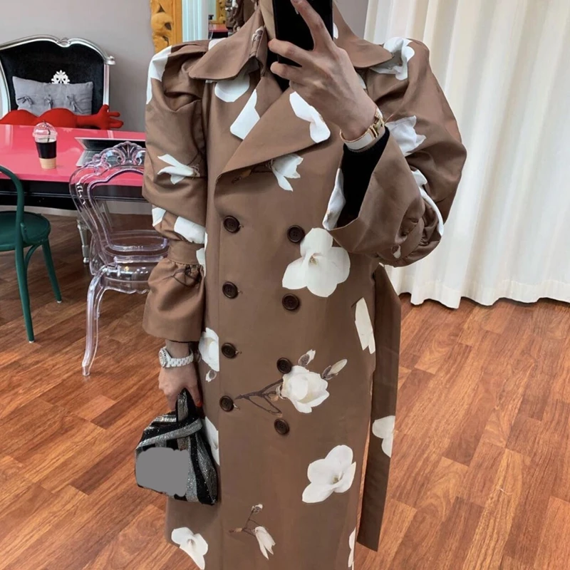 Goede Ricinina Trenchcoat Vrouwen Lange Mouw Knoppen Sjerpen Bloemenprint Vrouwen Jassen Oversized Lange Windjack Vrouw Lente Uitloper