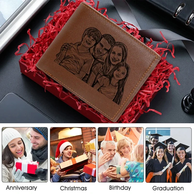 Picture Wallet Men Business Short Ultra-Thin Fashion Cowhide Bi-Fold Diy Customized Photo Carved Text Purse Valentine's Day Gift