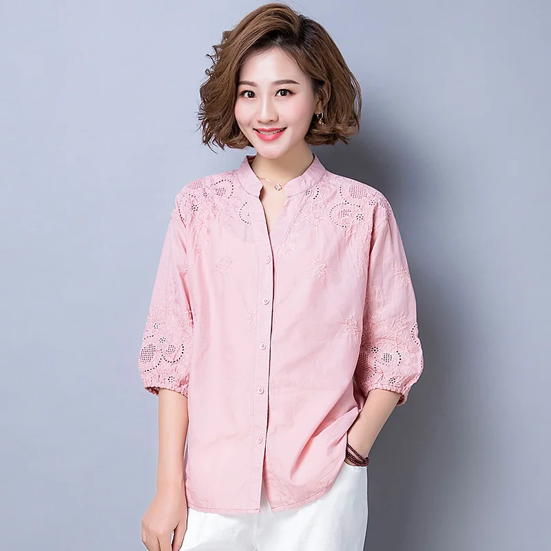 

COIGARSAM Casual Shirt Womens tops New Spring Three Quarter Sleeve Embroidery Chiffon Loose Women shirts White Navy 8823