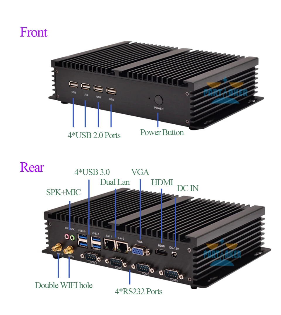 Причастником I2 Intel i5 3317u промышленных ПК HDMI 4 RS232 Dual NIC 2 LAN 8 USB Wi-Fi прочный компьютер