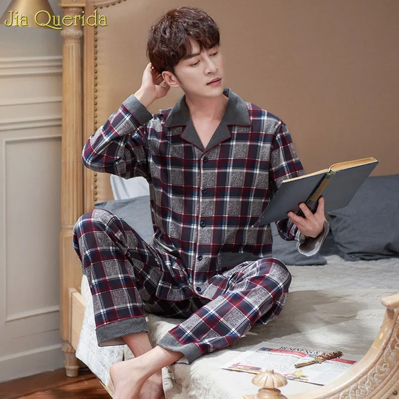 

Japanese Pajamas Mens Luxury 100% Cotton Plaid Printing Mens Pajamas Set Autumn Winter Long Sleeve Pants Two Pieces Home Suit