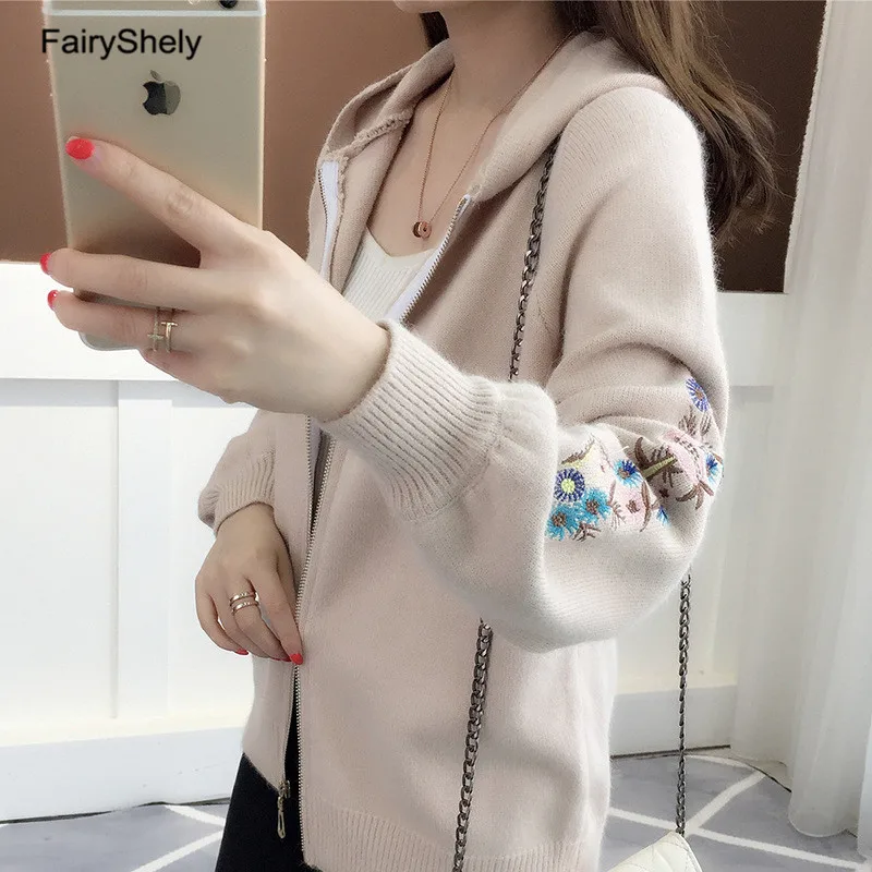 FairyShely белый свитер на молнии, кардиган, пальто с капюшоном, женский зимний Повседневный кашемировый свитер с длинным рукавом, джемпер для девушек, верхняя одежда - Цвет: Khaki Knitted Coat