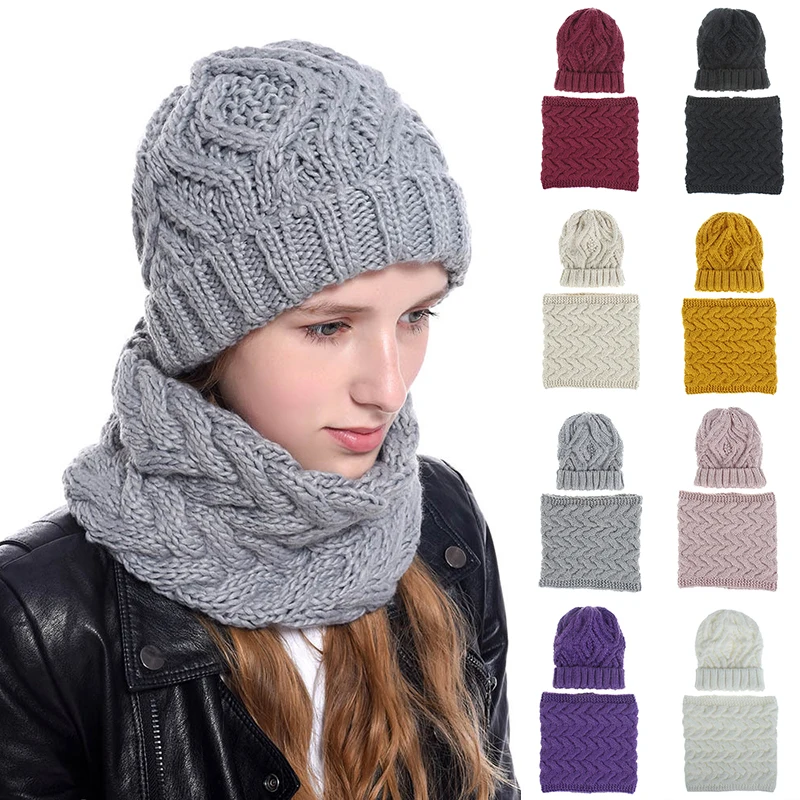 

Unisex Beanies Hat Ring Scarf Set Winter Knitted Thick Warm Cap Women Men Solid Retro Beanie Hat Soft