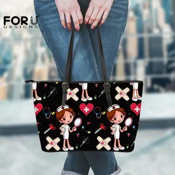 

FORUDESIGNS Zipper Handbags For Nurse Girl Bags Large Capacity Black Tote Bags Cute Nurse Harajuku Pattern Shopper/Travel Bag