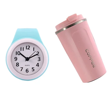 

Kitchen Bathroom Wall Clock Waterproof Silent with 380ML Heat Preservation Coffee Mug Stainless Steel Cup Pink