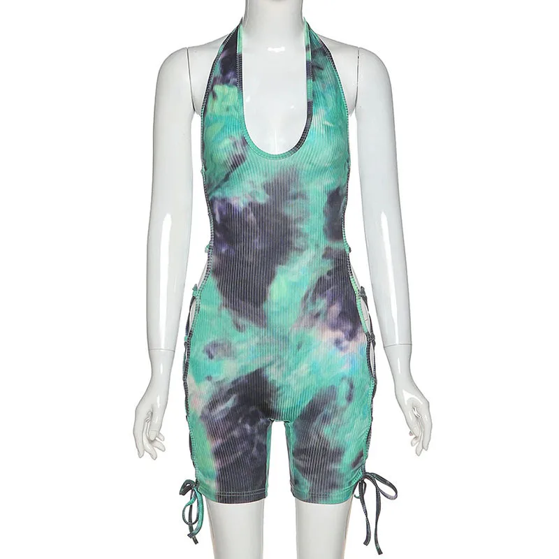 Hollow Out Tie-Dye Elastic Playsuit Women 2020 Sexy Evening Party Short Jumpsuit Rompers Summer Backless Bodycon Bodysuit Outfit