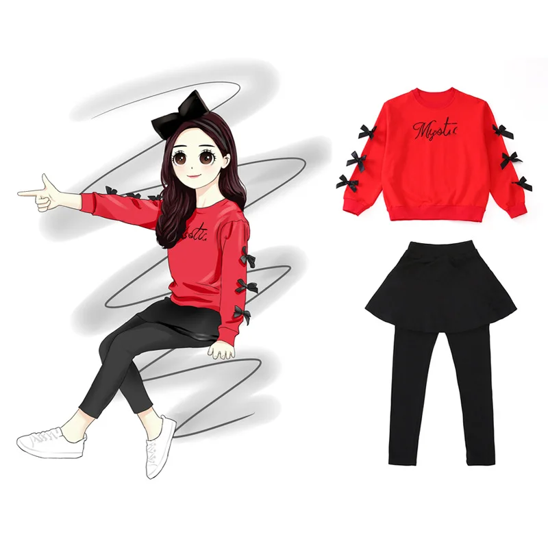 

Place of Origin Supply of Goods Big Boy CHILDREN'S Suit Combed Cotton Bow Divided Skirt Case New Style Fashion-Style Girls Autum