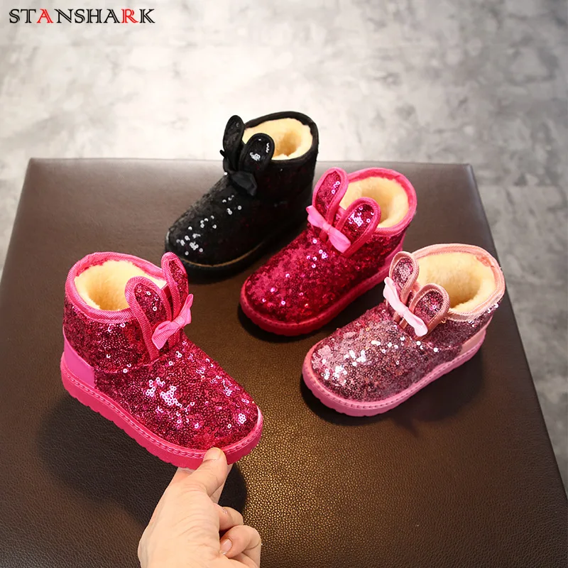 

2019 New Children Girls Cute Rabbit Ear Bling Snow Boots Kids Winter Thick Anti Slip Sequins Boot Children Rome Snow Boots