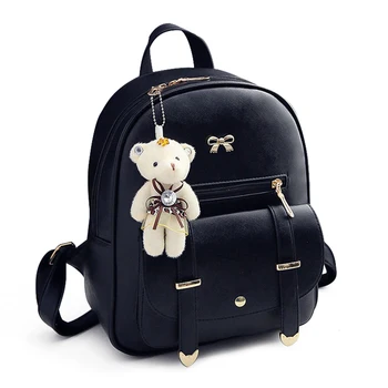 

Women Backpacks Fashion PU Leather Shoulder Bag Solid Color Small Backpack School Backpack(black)