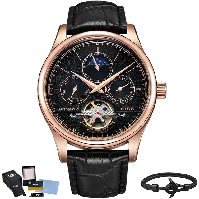 Lige top бренд класса люкс Tourbillon фазы Луны циферблат Для Мужчин's часы кожа ремень Водонепроницаемый механические часы Для мужчин Дата Zegarek мески - Цвет: Gold black Box Gift