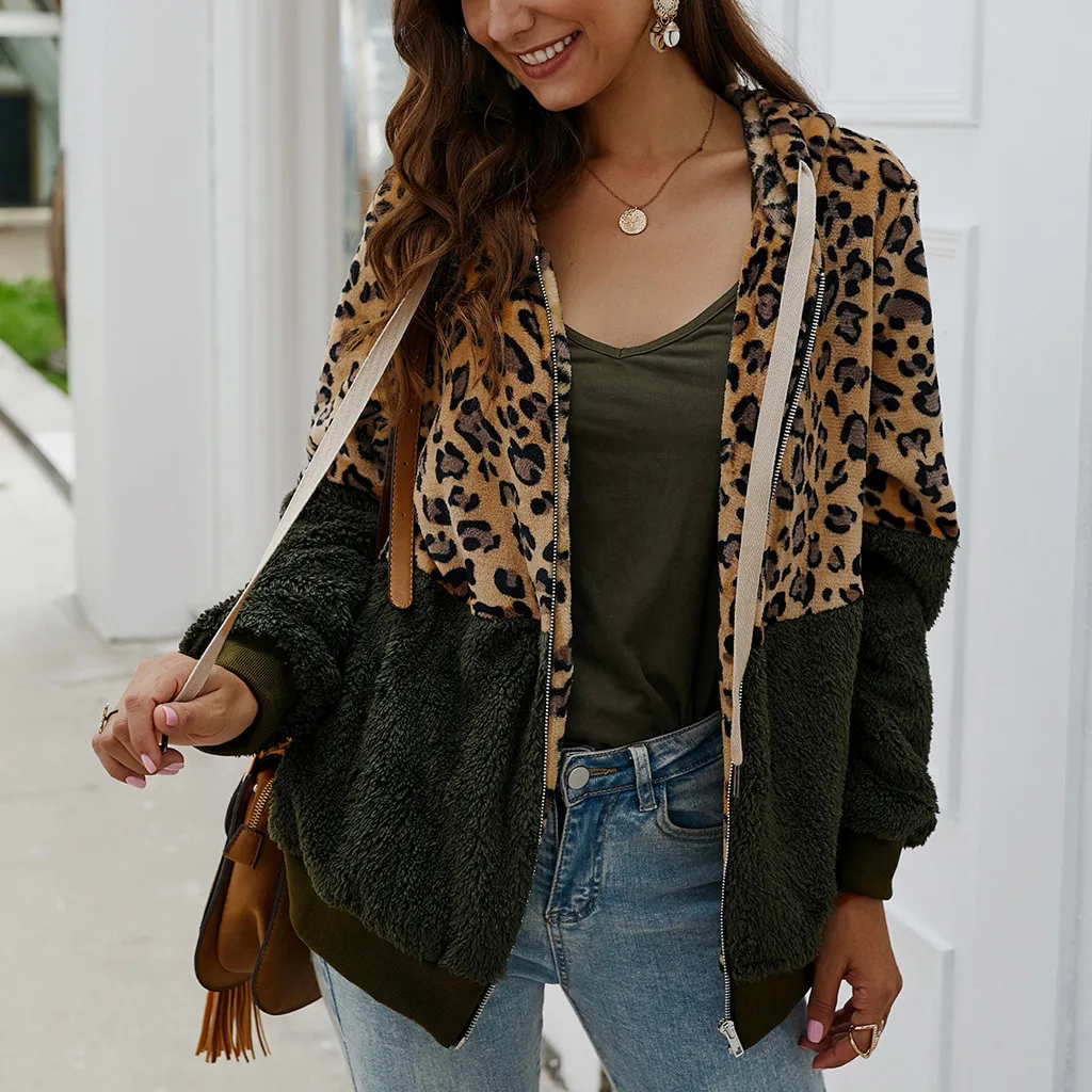 Women Leopard Print Patchwork Fleece Coat Jackets Long Sleeves Cardigan Zipper Keep Warm Coats Outerwear