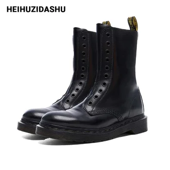 

Genuine Leather Chunky boots women side zipper Not tied Motorcycle boots Autumn fashion street style flat women Mid boots