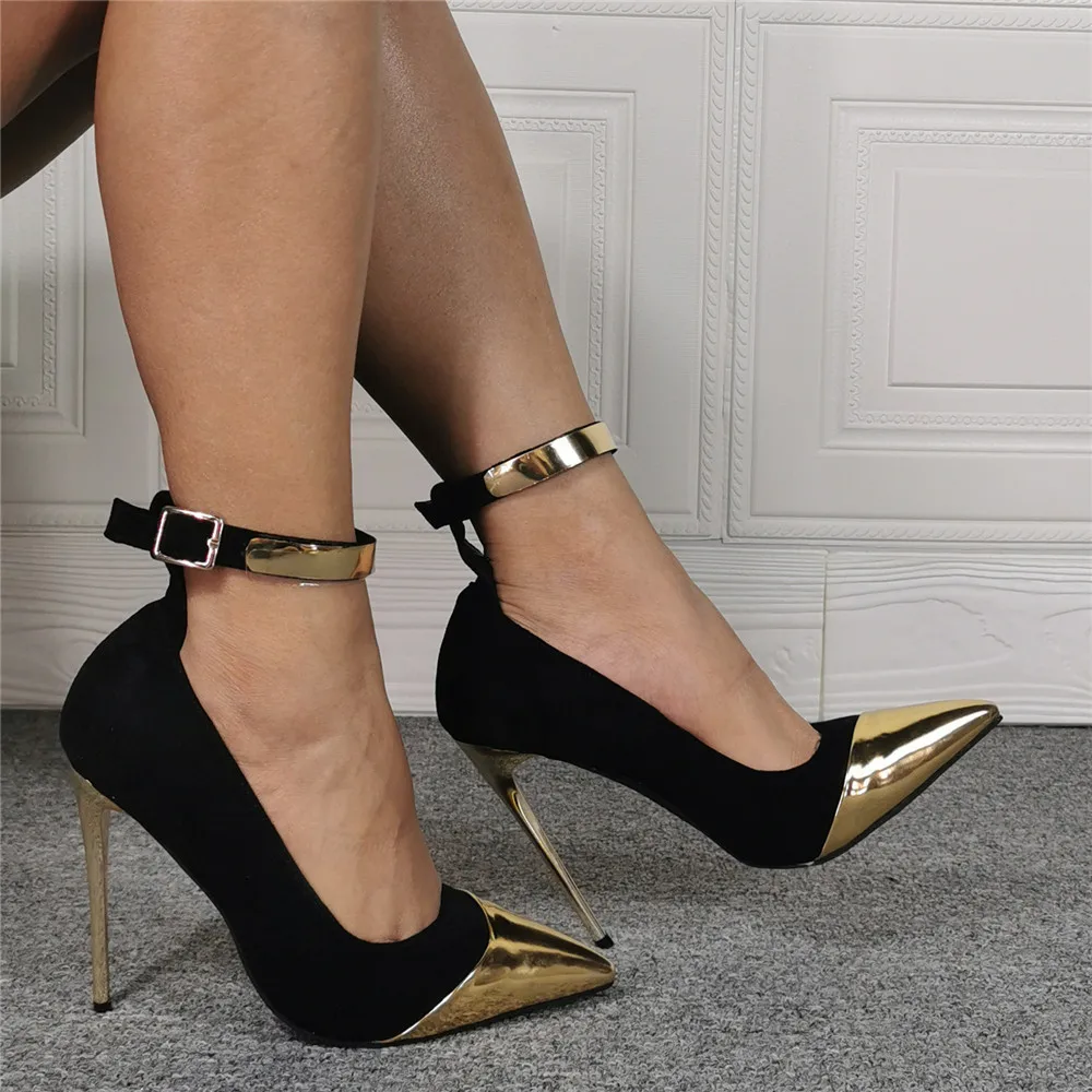 Kolnoo New Large Size Women Stiletto High Heels Pumps Cap-Toe Kid-suede Ankle Strap Party Prom Shoes Evening Fashion Court Shoes