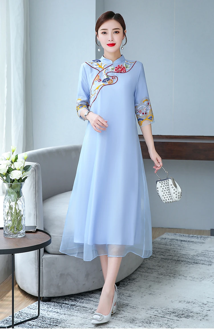 Элегантное женское шелковое платье Ципао с вышивкой Ao Dai - Цвет: B