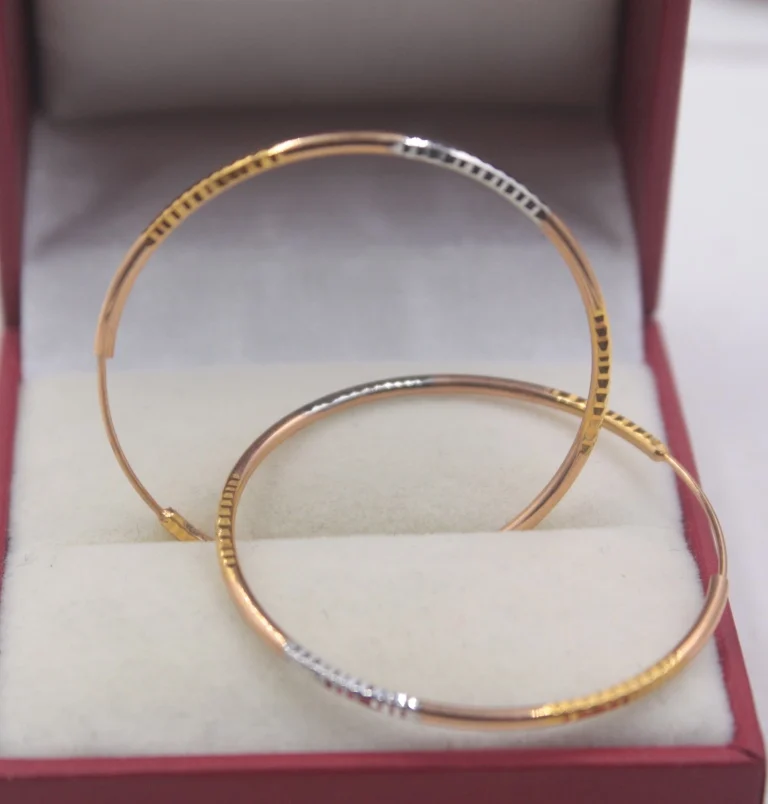 

Real 18K Multi-tone Gold Earrings Woman's Big Carved Hoop Earrings 35mmDia