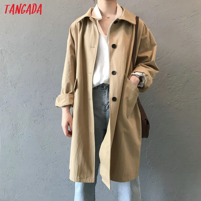 Женский Длинный Тренч оверсайз Tangada цвета хаки Модная элегантная Свободная