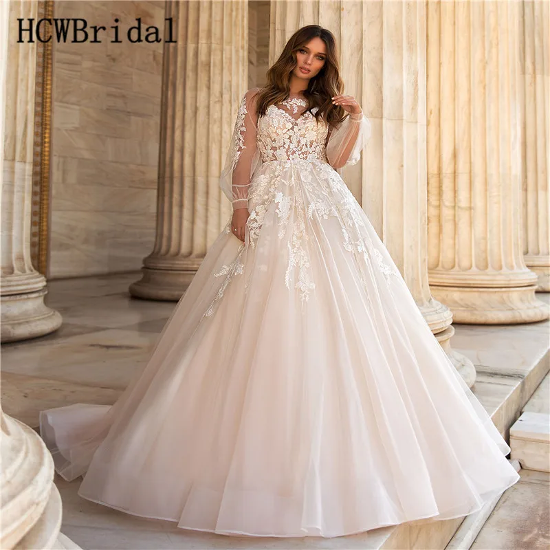 

Graceful Long Sleeves Lace Wedding Dresses 2019 A Line Floor Length Arabic Bridal Dress Custom Made Robe De Mariee