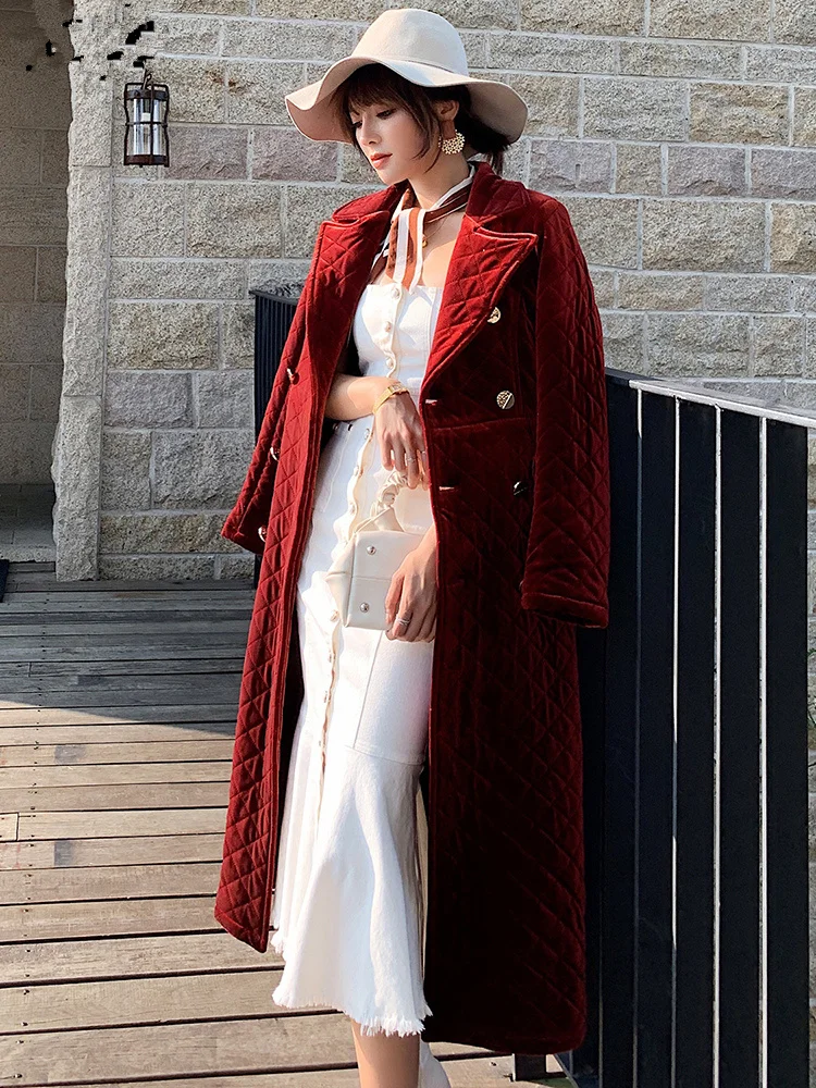 Винно-Красное длинное женское пальто с хлопковой подкладкой зимнее двубортное толстое теплое элегантное офисное бархатное пальто с большим отворотом