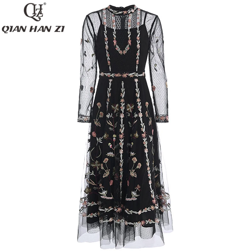 

Qian Han Zi весеннее дизайнерское модное осеннее платье с длинным рукавом Ретро сетчатая вышивка Элегантное Длинное облегающее платье для женщин Новинка 2021