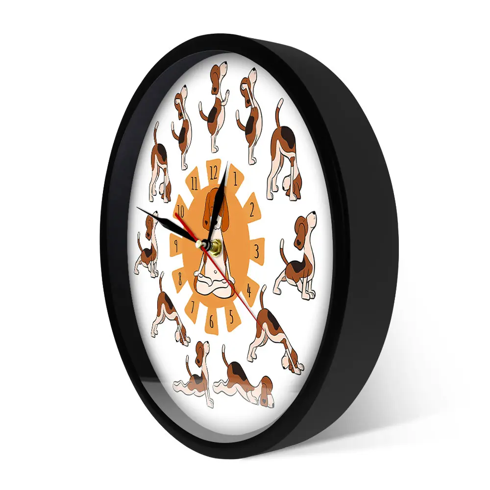 Cartoon Funny Dog Doing Yoga Position Of Surya Namaskara Doggy Style Yoga Wall Clock Beagle Dog Pet Cartoon Yoga Wall Watch 2