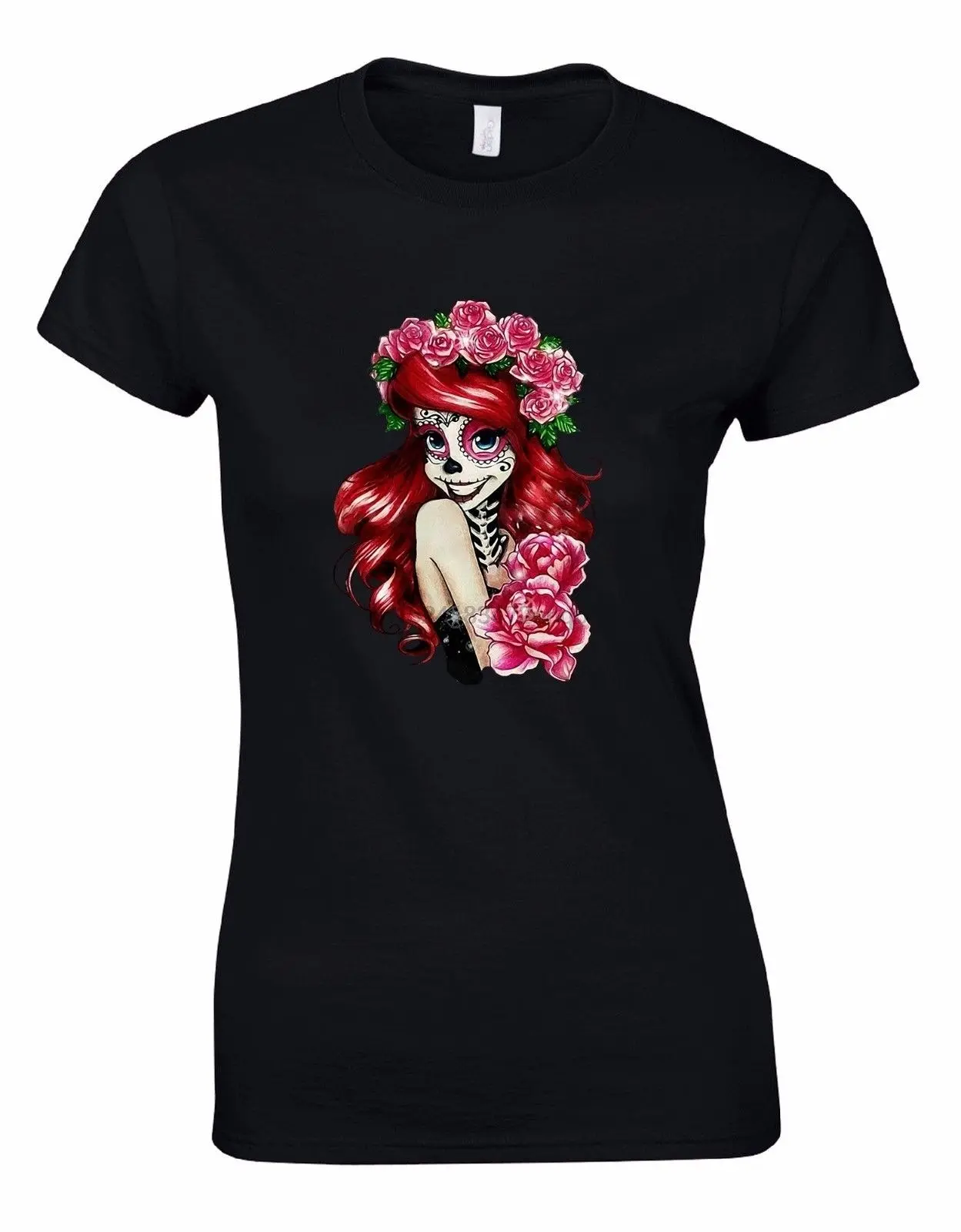 

Womens Fashion T shirt Ariel Red Roses Skull Tattoos Day of the Dead Cute Woman Cut Tshirt Tee Top AL35