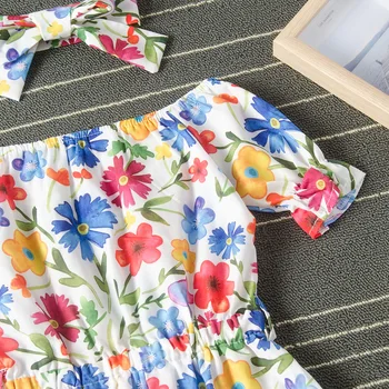 

Cross Border Foreign Trade Europe and America AliExpress Amazon Girls Summer Floral Printed off Shoulder Jumpsuits