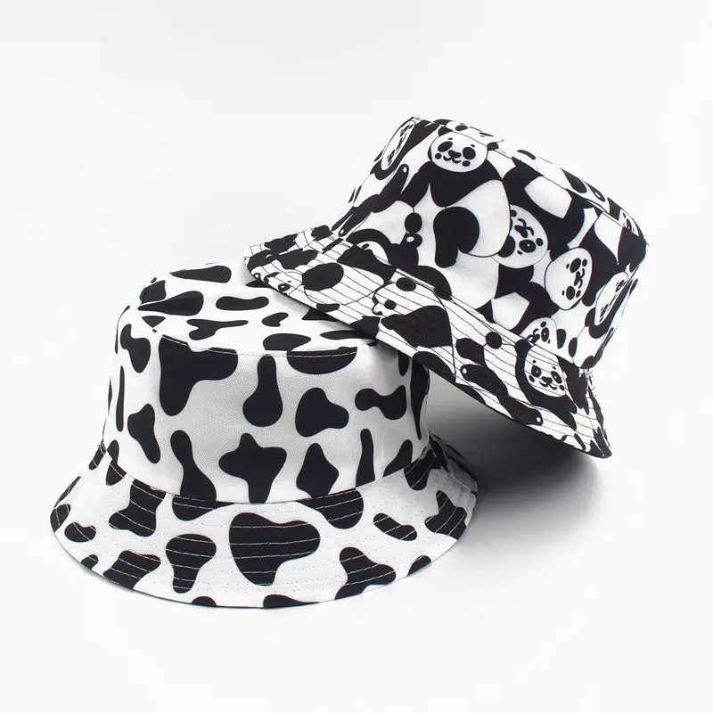 2020 New Fashion Cow Print Hat Summer Hats For Women Gorras White Black Bucket Hat Reversible Fisherman Caps
