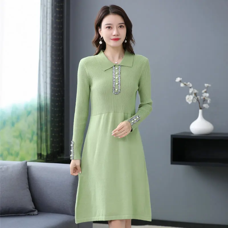 

Women Soft Knit Dresses Blue Green Red Turn Down Collar Knee Length One Piece Shirtdress Lady Elegant Chic Outfits Early Winter