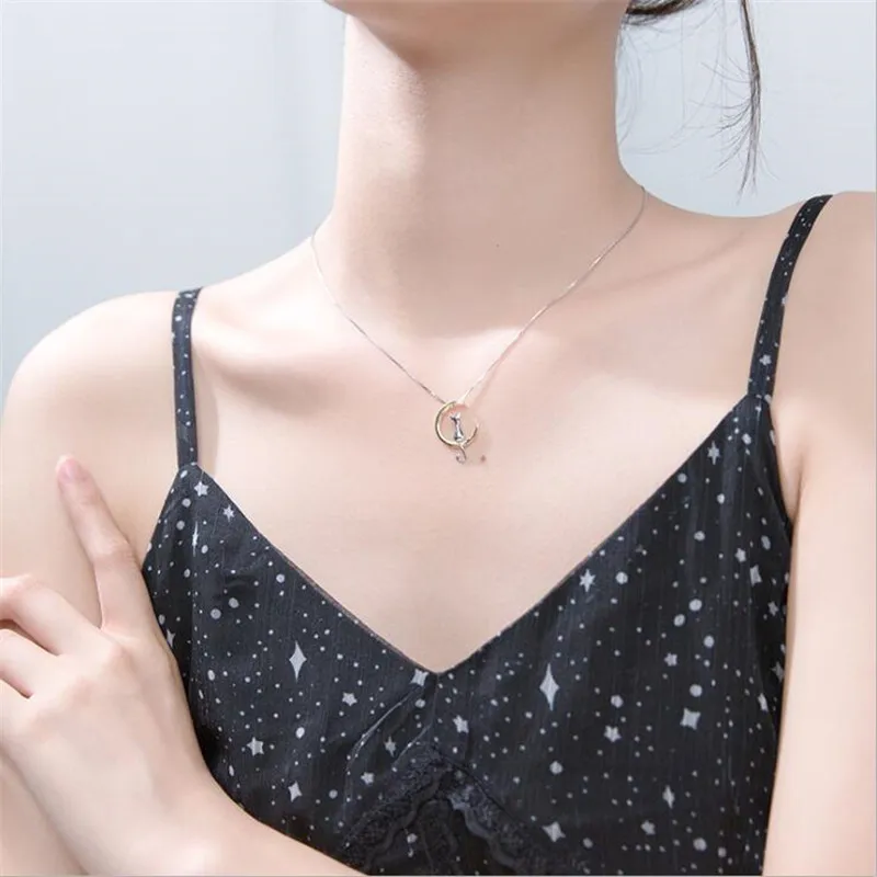 New Animal 925 Sterling Silver Jewelry Korean Fashion Cute Cat Crescent Moon High-quality Personality Pendant Necklaces XL091 - Image 3