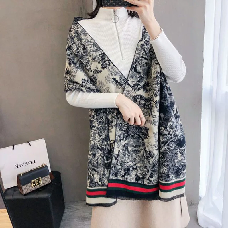 Luxury Winter Women Blue and white porcelain Brushed Cashmere Scarf Ladies Brand Warm ShawlLarge Pashmina Travel Blanket Wraps