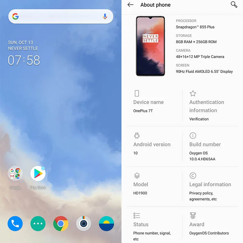 Мобильный телефон Oneplus 7T с глобальной прошивкой 6,55 дюймов 8 Гб 128 ГБ/256 ГБ UFS 3,0 Snapdragon 855 Plus Android 10,0 разблокировка экрана 3800 мАч