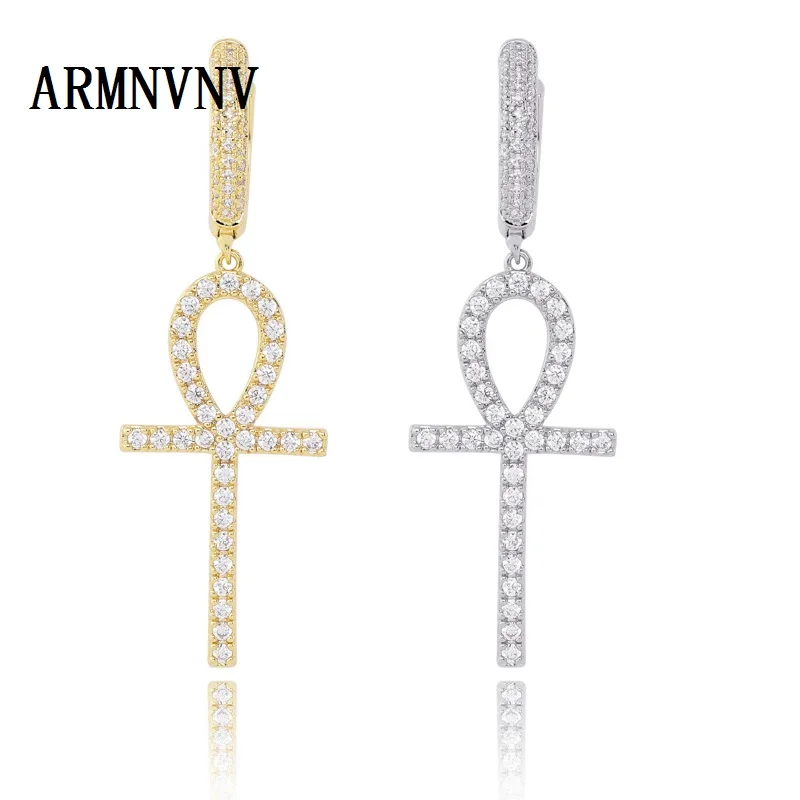 Ankh крест серьги Льдом Из Bling Полный циркона хип хоп для мужчин женщин ювелирные