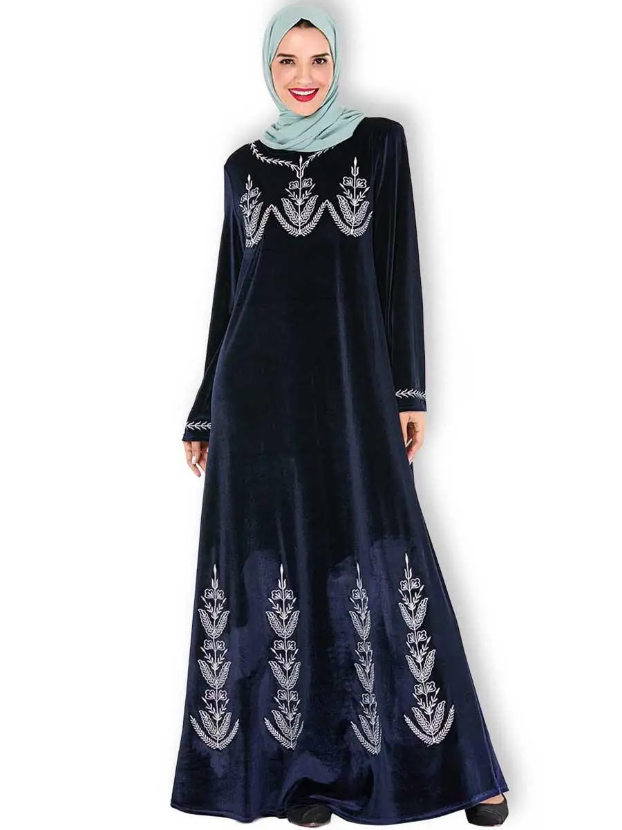 Модное бархатное платье-Кафтан abaya, Дубай, женское платье с длинным рукавом, винтажное платье с вышивкой для вечеринок, исламский джильбаб, мусульманский халат макси