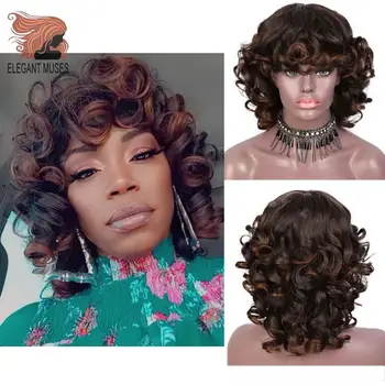 

Short Curly Afro Wig with Bangs Dark Brown Black Hair Synthetic Wigs for Women Heat Resistant Fiber Daily Party Wigs