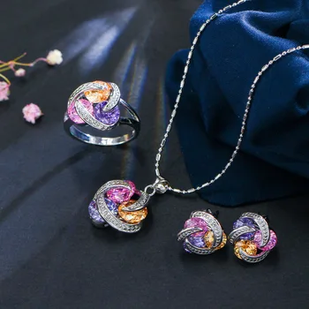 

MISSFOX Jewelry For Women Bling Diamond Elegant Sterling Necklace Earrings Rings Woman Set Accesorios Party Wedding Gift