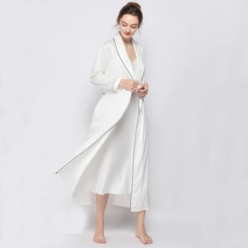 

2 Pieces Ladies Long Robe Gown Set Silk Satin Sleepwear Sexy Nightwear Long Sleeve Kimono Robe+Slip NIghtdress For Women