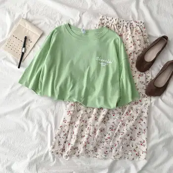 

Ladies suit summer 2020 Korean women's new short-sleeved t-shirt + chiffon floral skirt