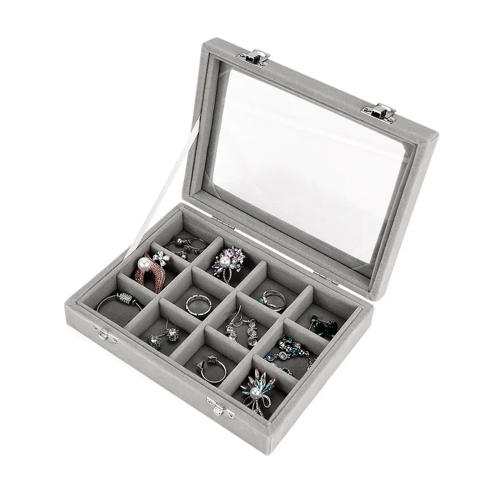 Прозрачная стеклянная крышка 12 сетка шкатулка для украшений выставочная Витрина коробка для хранения серьги кольца Органайзер - Цвет: gray