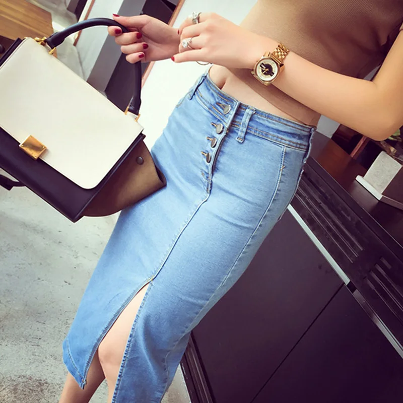 Женский Одноцветный эластичный Сплит зауженная юбка из денима для лета пляжные вечерние IR-ing