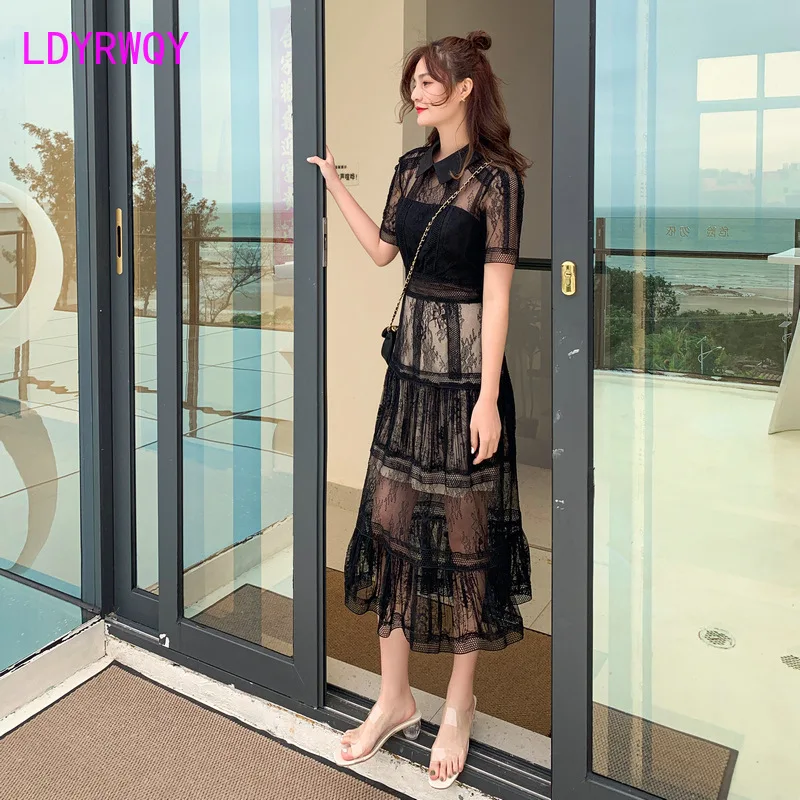 

Women's new sexy perspective temperament lapel black long-sleeved dress big swing Sheath Mesh Polyester