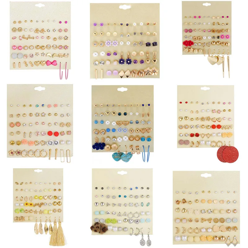 

Fashion 30Pair/Set Women Statement Crystal Stud Earrings Sets for Women Mixed Heart Moon Love Leaf Pearl Tassel Flowers Earrings