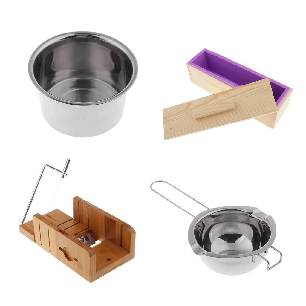 4x Wood Stainless Steel Soap Cutter with Beveler & Wire Slicer + Rectangle Silicone Soap Making Loaf Mould 900ml + Double Boiler