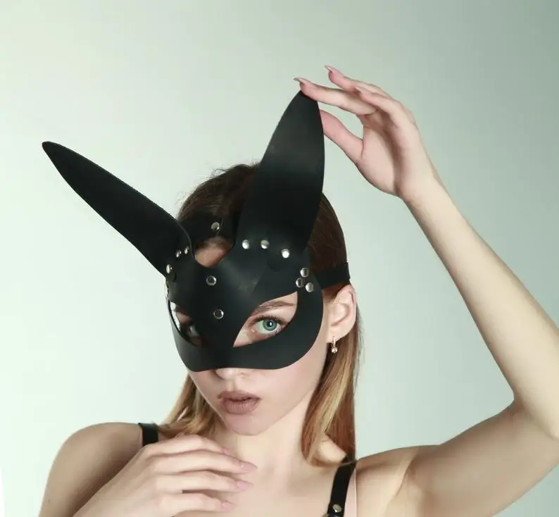 Sexy Women Black Bunny Ears Mask Bdsm Fetish Catwoman Leather Rabbit Cat Ears Mask Halloween Masquerade Party Cosplay Costume