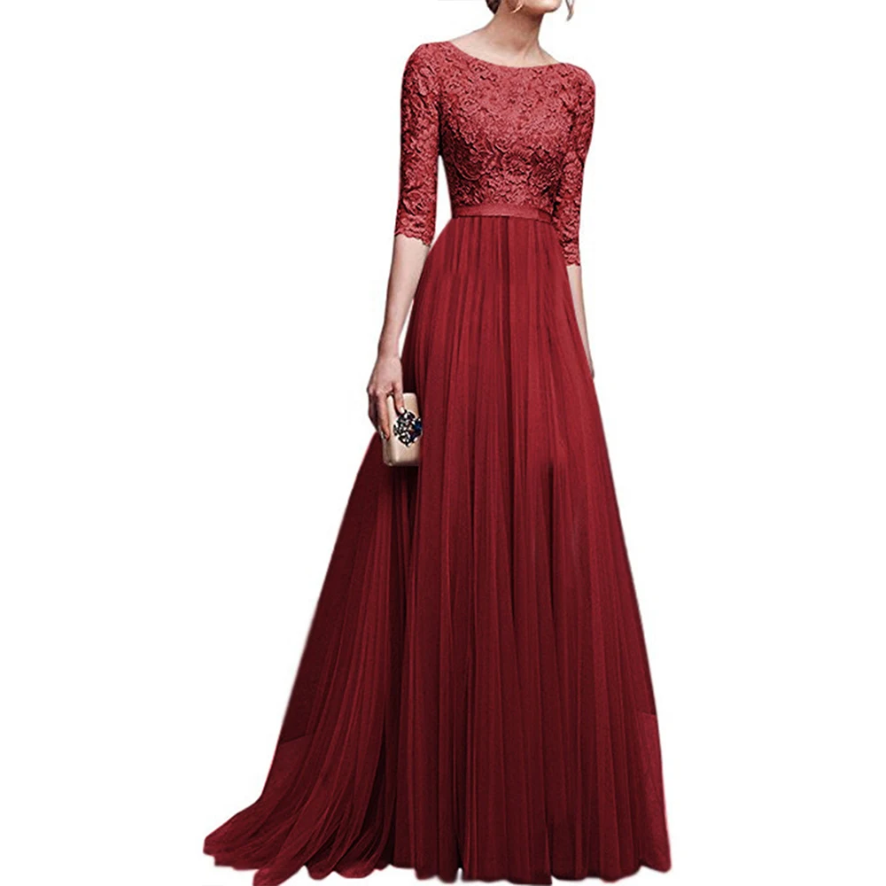 Винтаж, с кружевными аппликациями, Вечеринка платье Для женщин элегантное платье с О-образным вырезом с коротким рукавом шифоновое длинное Макси платья размера плюс Vestidos - Цвет: Бургундия